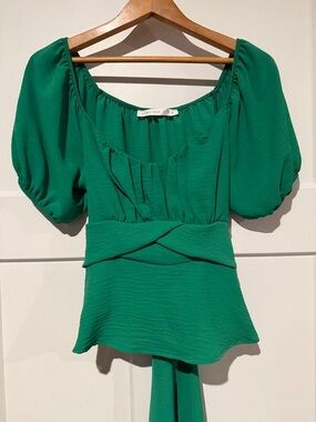 Altar'd State Emerald Green Puff Sleeve Peplum Blouse Tie Back Size Large NWT